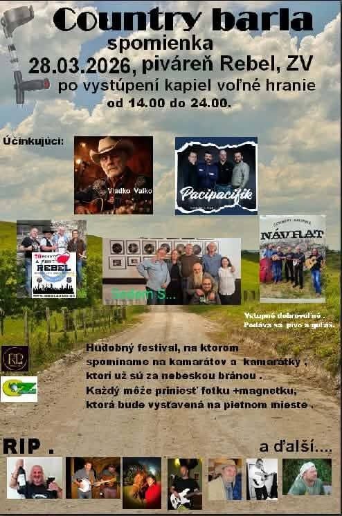 Pozývame vás na spomienkový hudobný festival   🖤COUNTRY BARLA🖤  Môžete sa tešiť na množstvo skvelých hudobníkov, pivo, guláš….  A tiež na voľné hranie, spomienky a skvelú atmosféru.   NEZABUDNI - sobota 28.03. v Rebeli o 14:00 😉